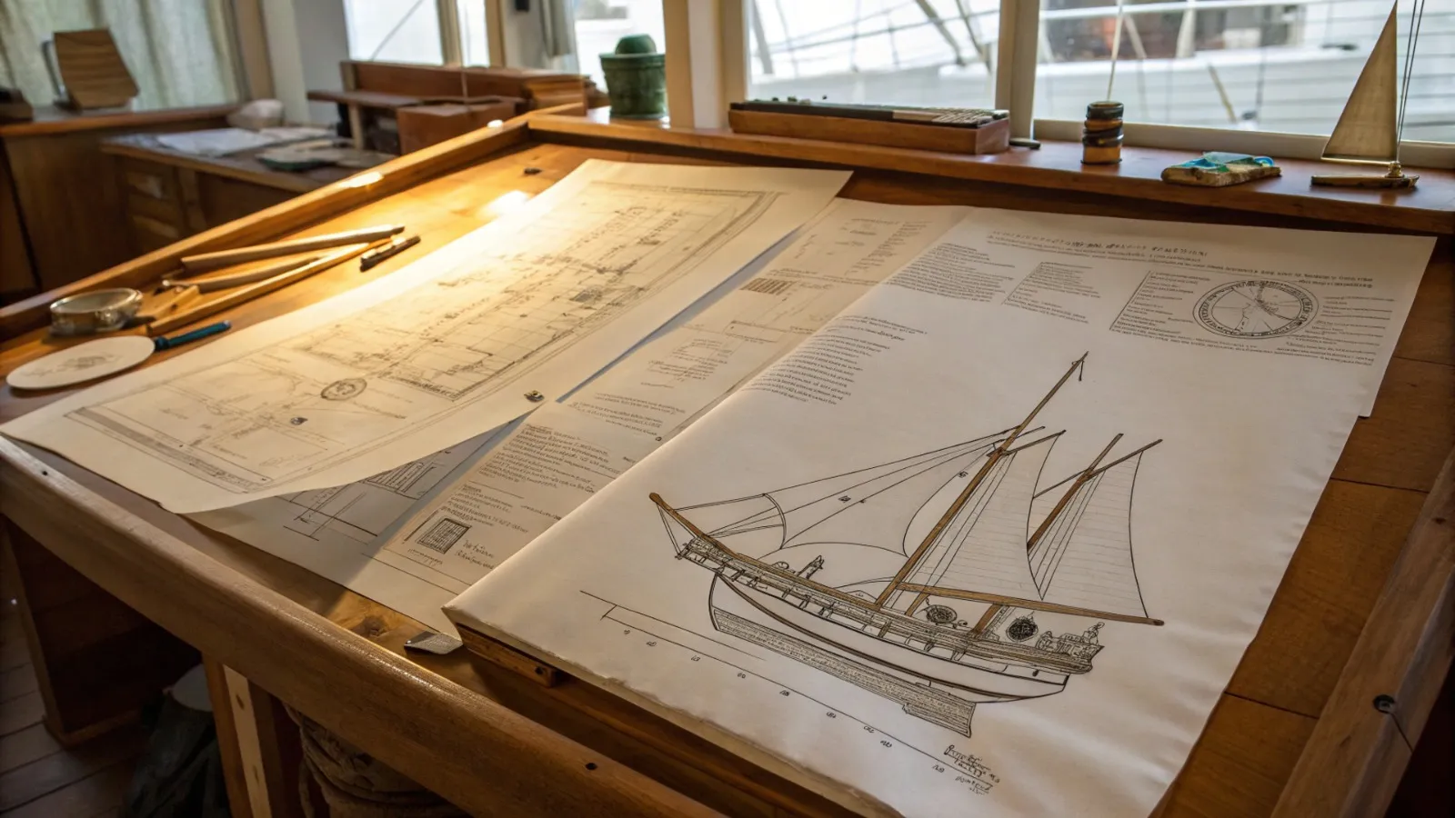 Naval architecture drawings for a phinisi on a drafting table