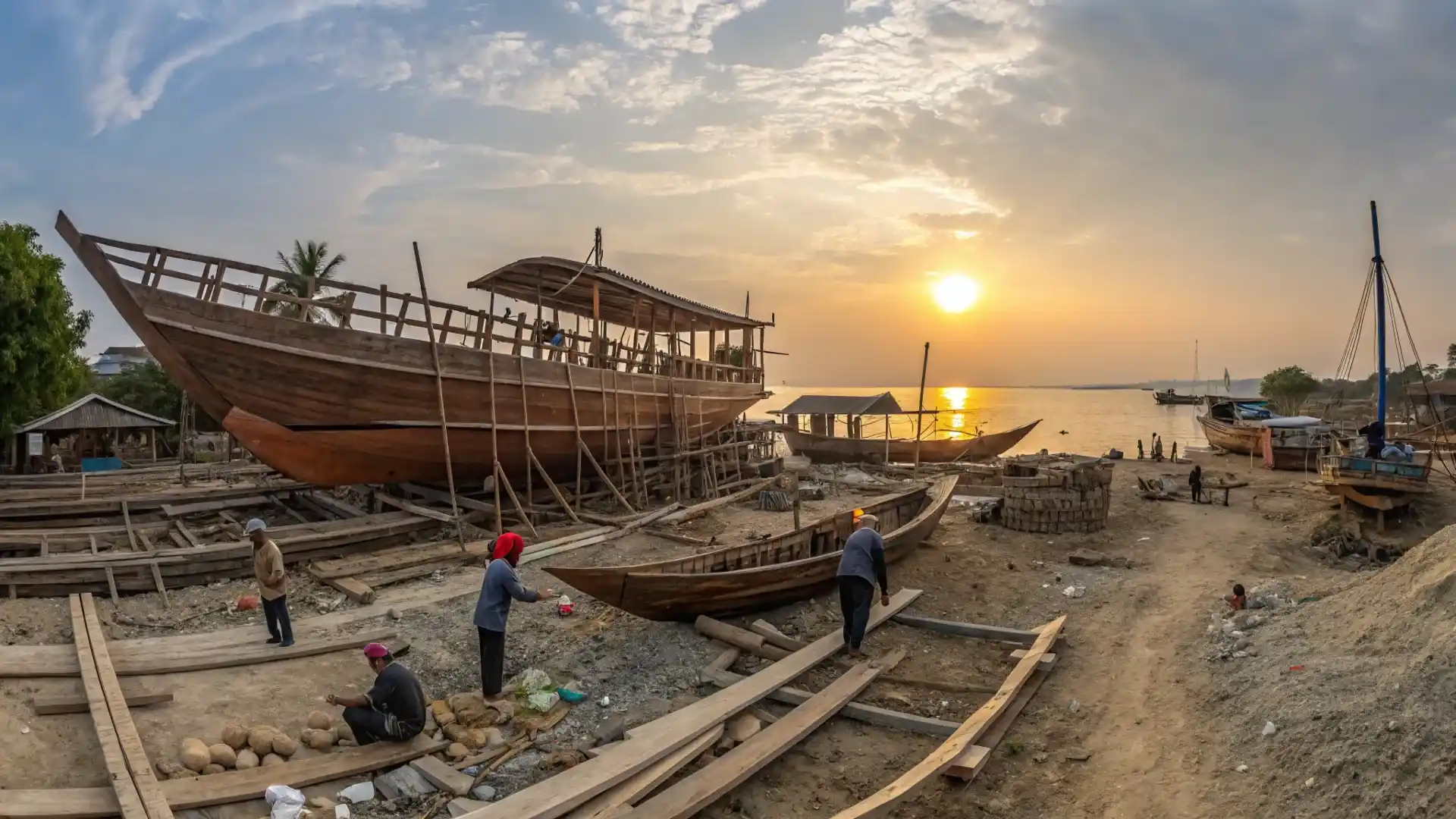 Phinisi under construction at a Bulukumba yard in South Sulawesi at sunset
