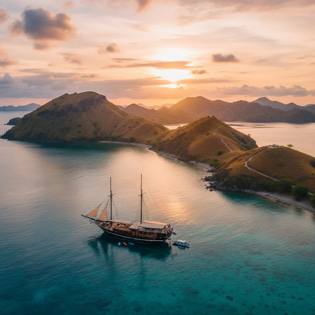 Aerial view of phinisi yacht at sunrise near Padar Island Komodo