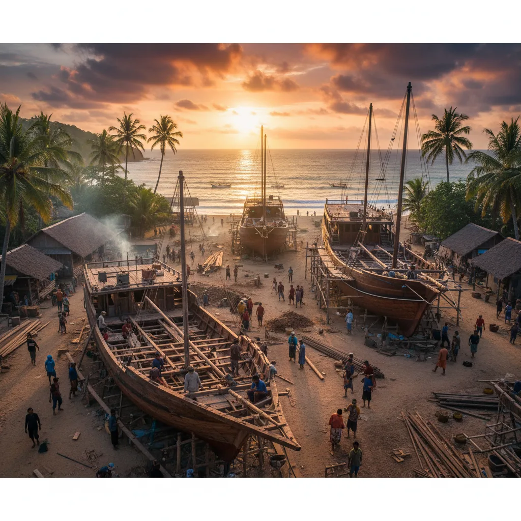 Bira shipyard with multiple phinisi yachts at different construction stages