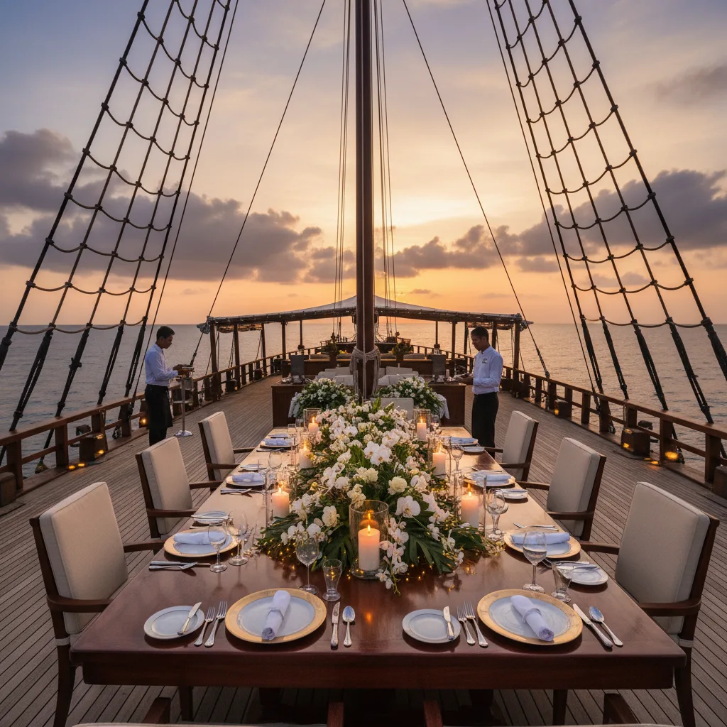 Luxury phinisi yacht deck dining setup at sunset — charter conversion ROI