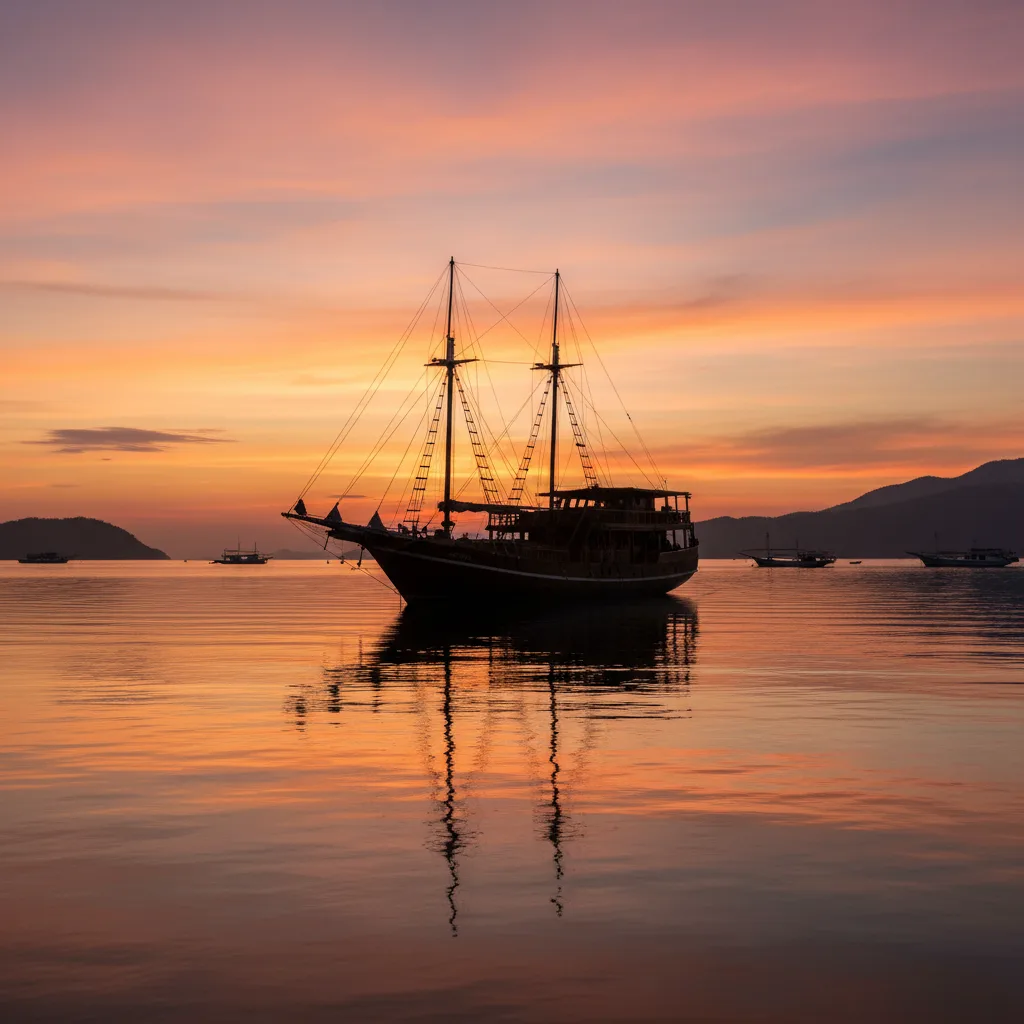 Phinisi yacht silhouetted at sunset in Labuan Bajo harbour