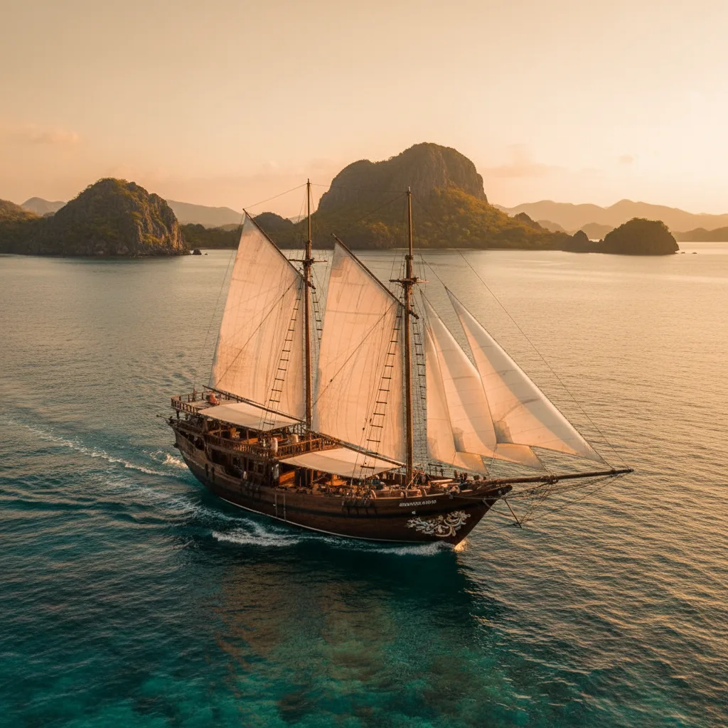 Traditional Indonesian phinisi yacht under sail in Komodo waters at golden hour