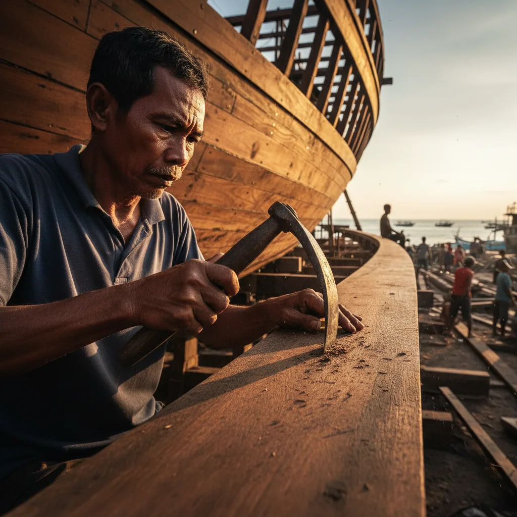 Master shipwright at Bira shipyard hand-crafting phinisi hull