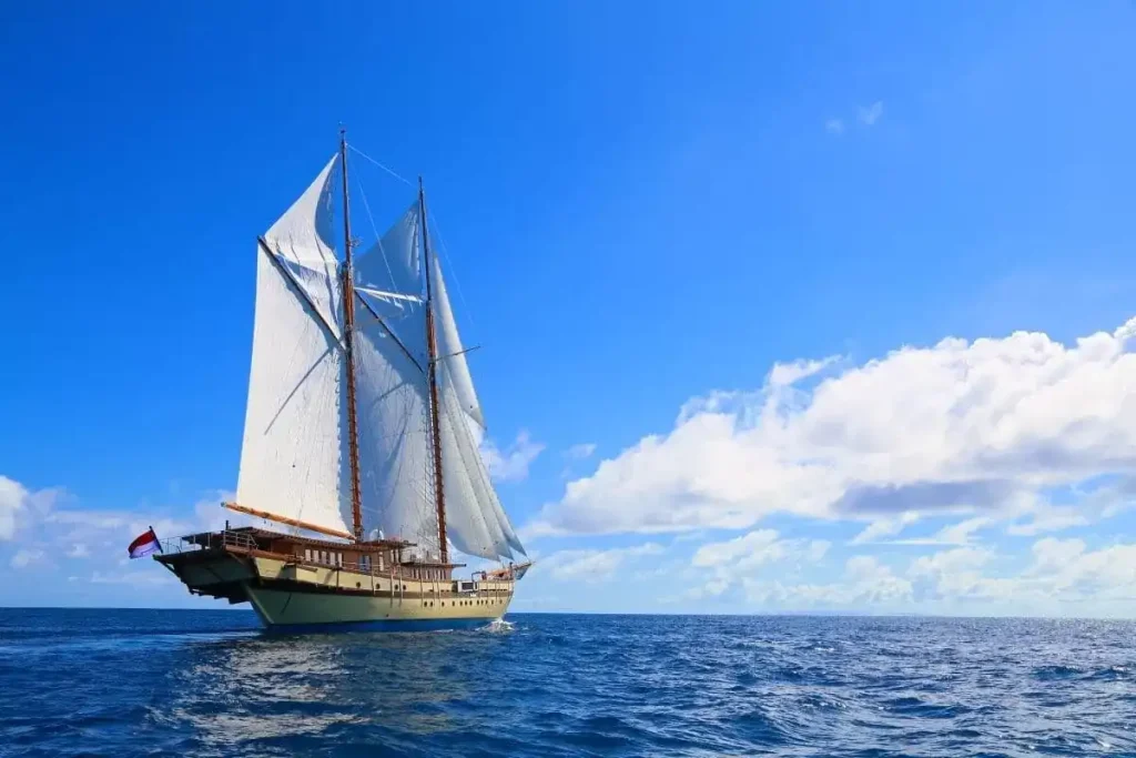 Rear view of the Lamima phinisi at anchor