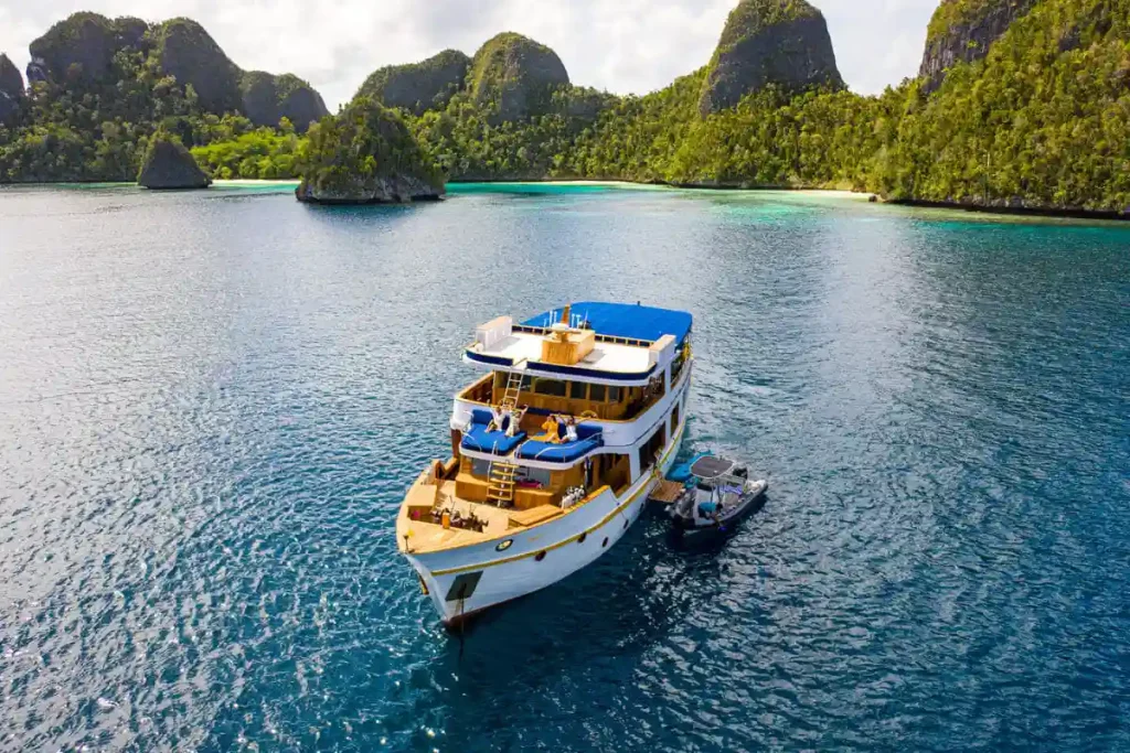 Aerial view of the Magia II phinisi at anchor